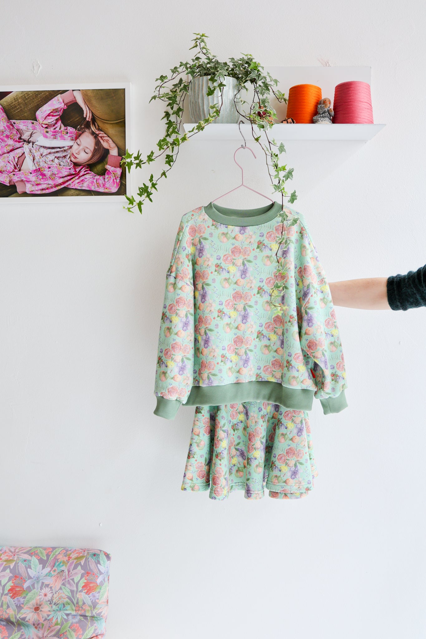 Kids organic cotton oversized sweatshirt and flared skirt.
