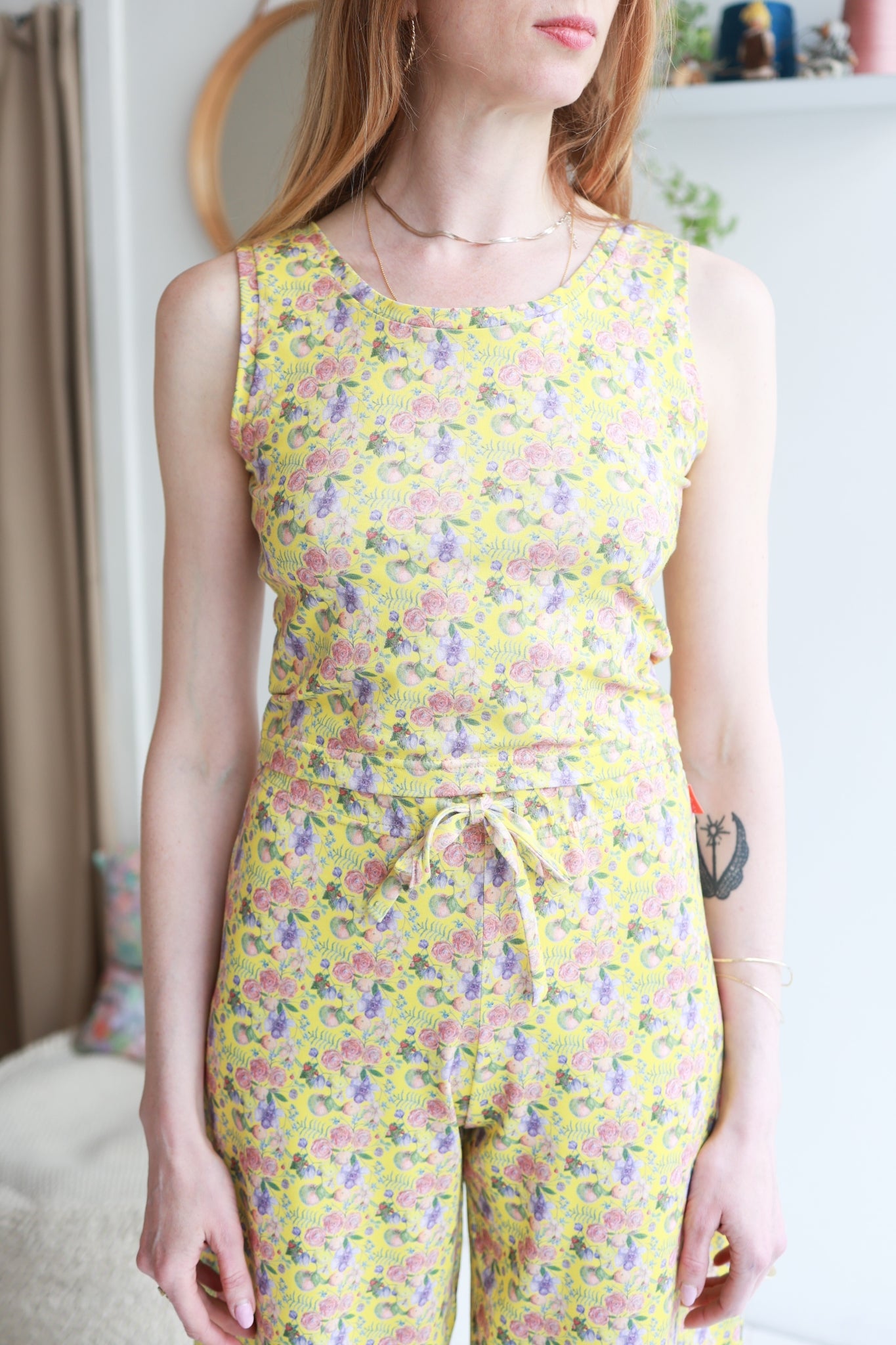 Women organic cotton stretch jersey tank top and high waisted pants.