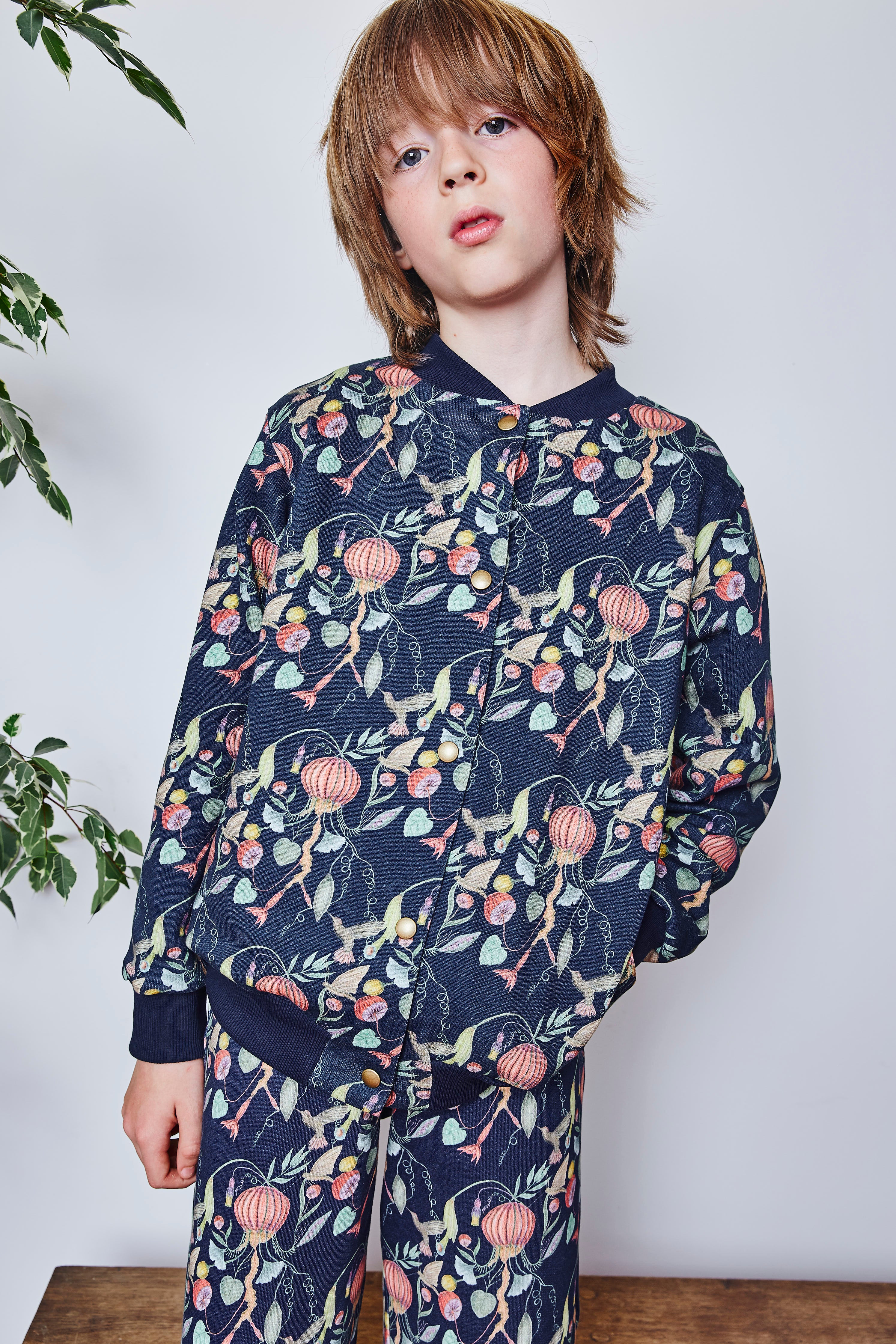 Kids organic cotton sweat bomber jacket.