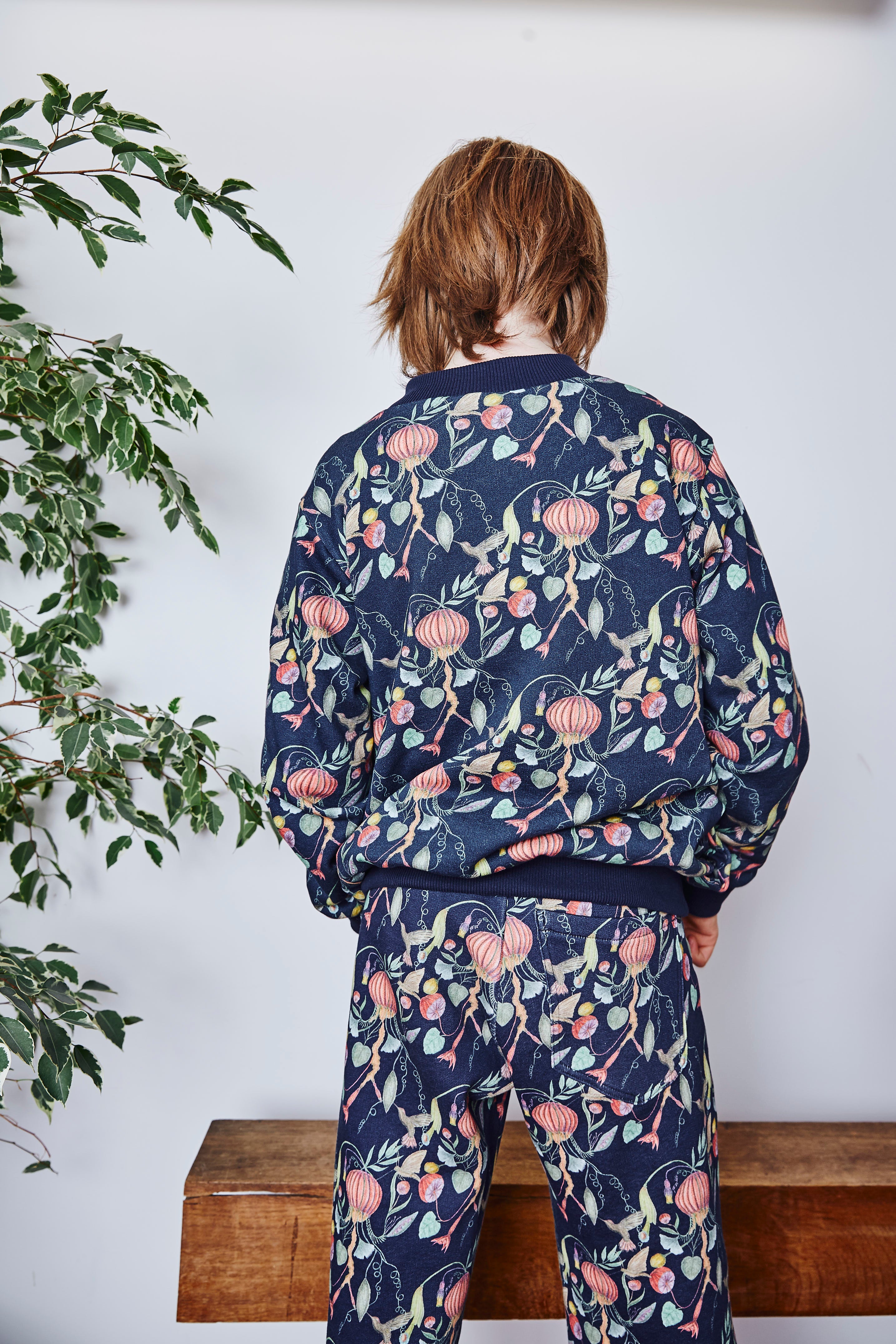 Kids organic cotton sweat bomber jacket.