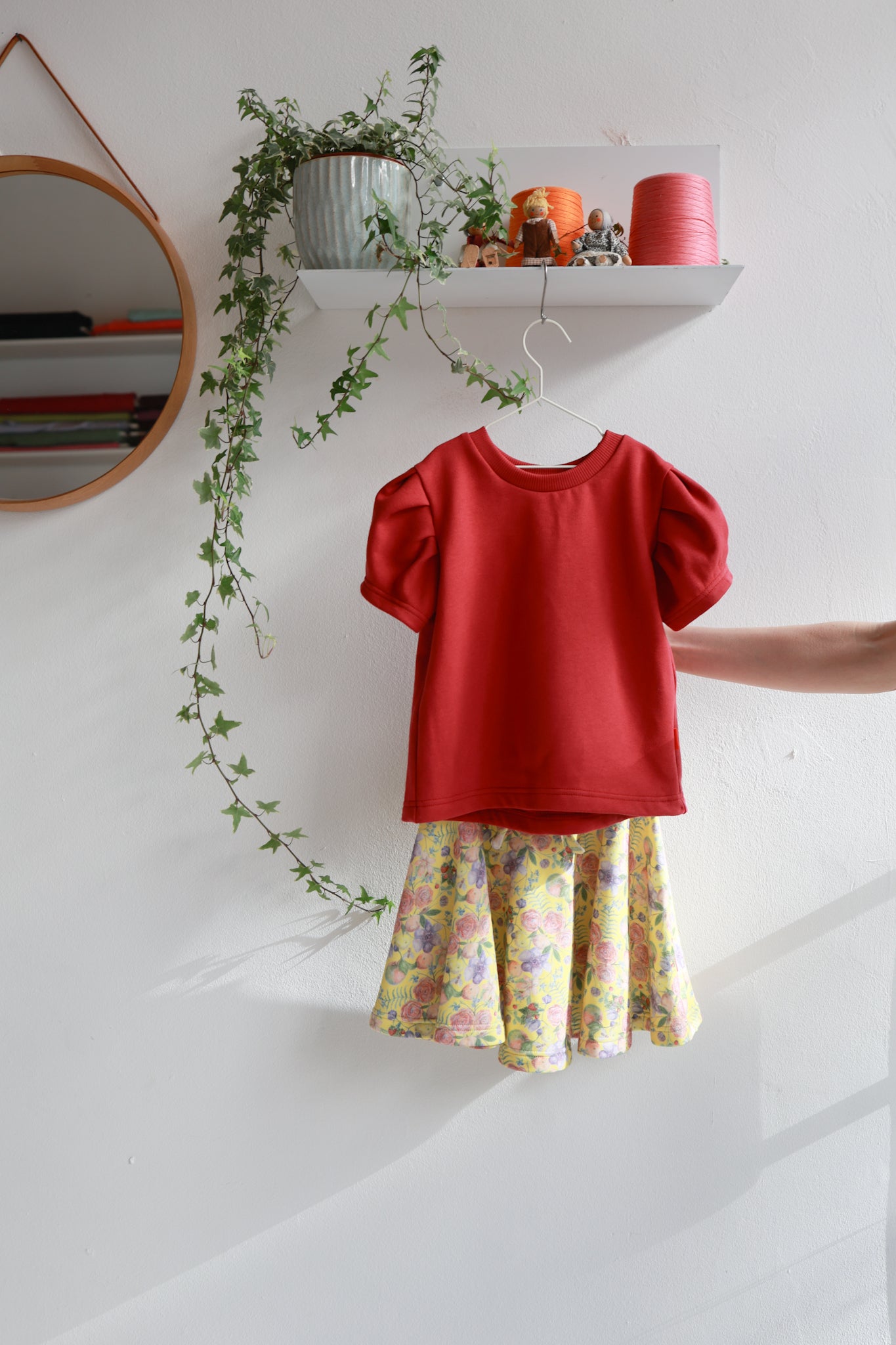Organic cotton puffed sleeve kids top and skirt.