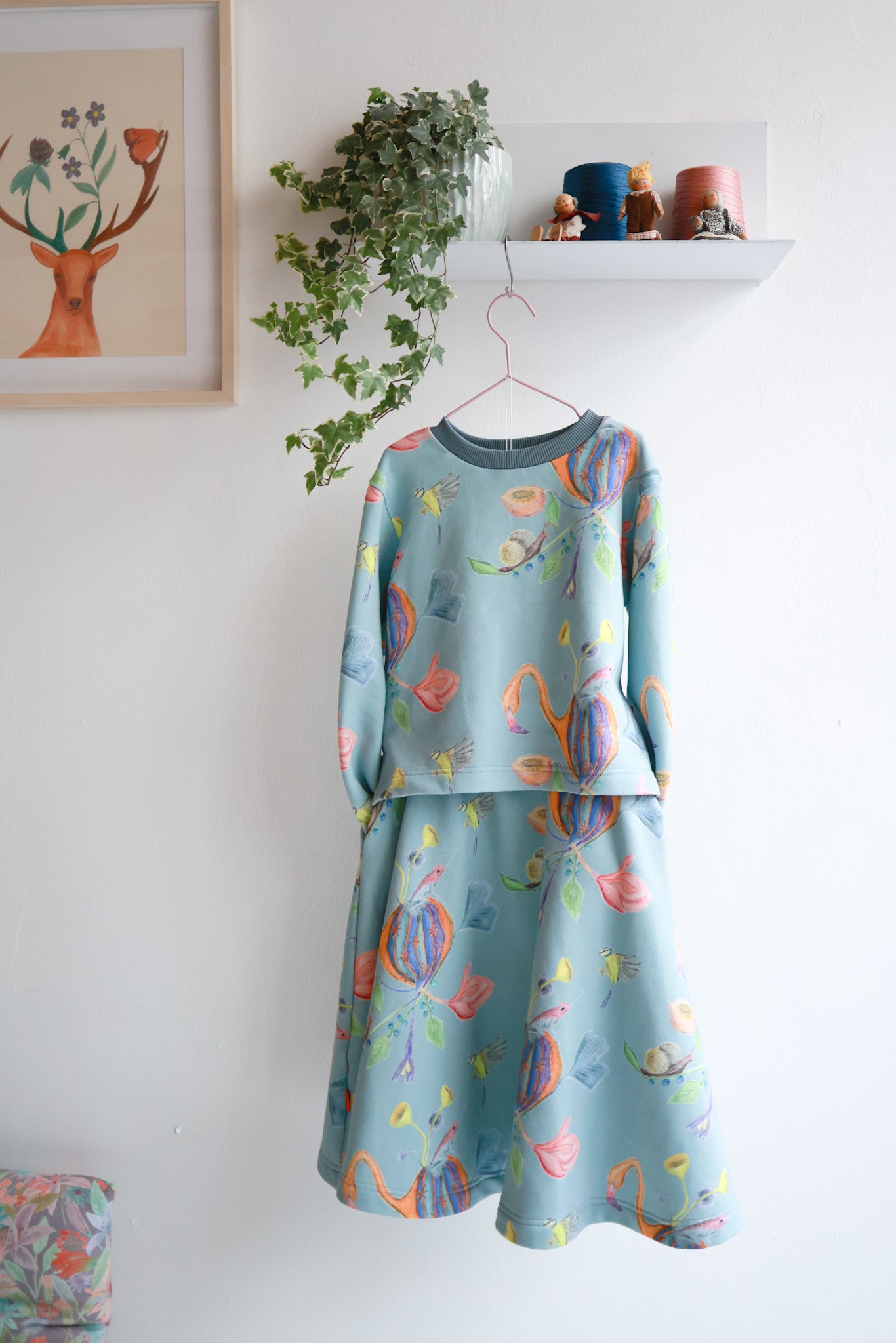 Kids organic cotton sweat flared skirt and sweatshirt.