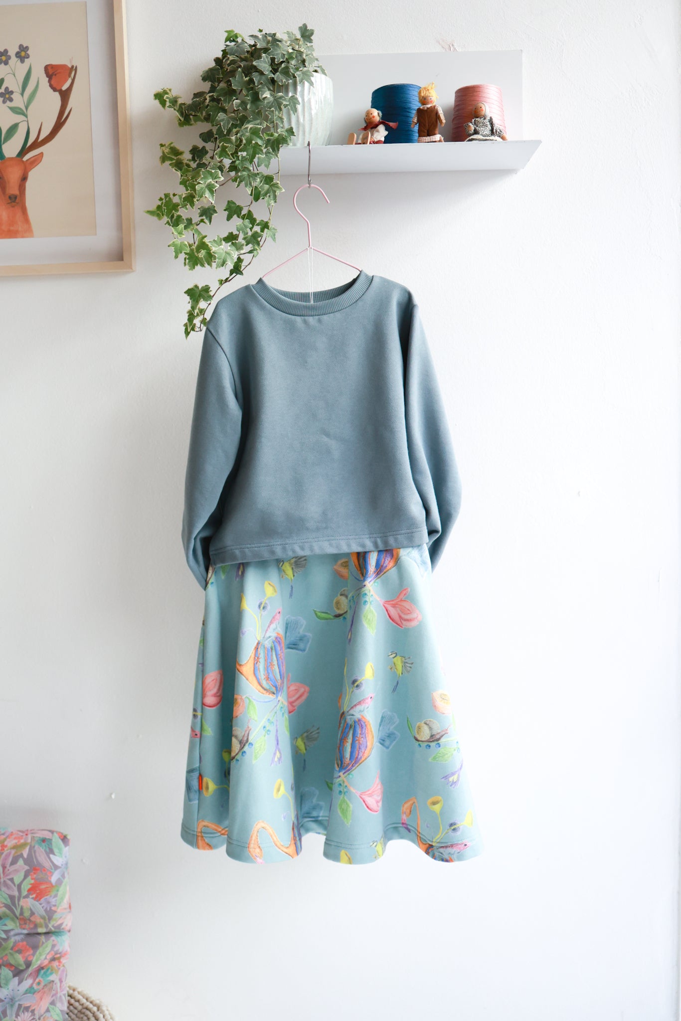 Kids organic cotton sweat flared skirt and sweatshirt.