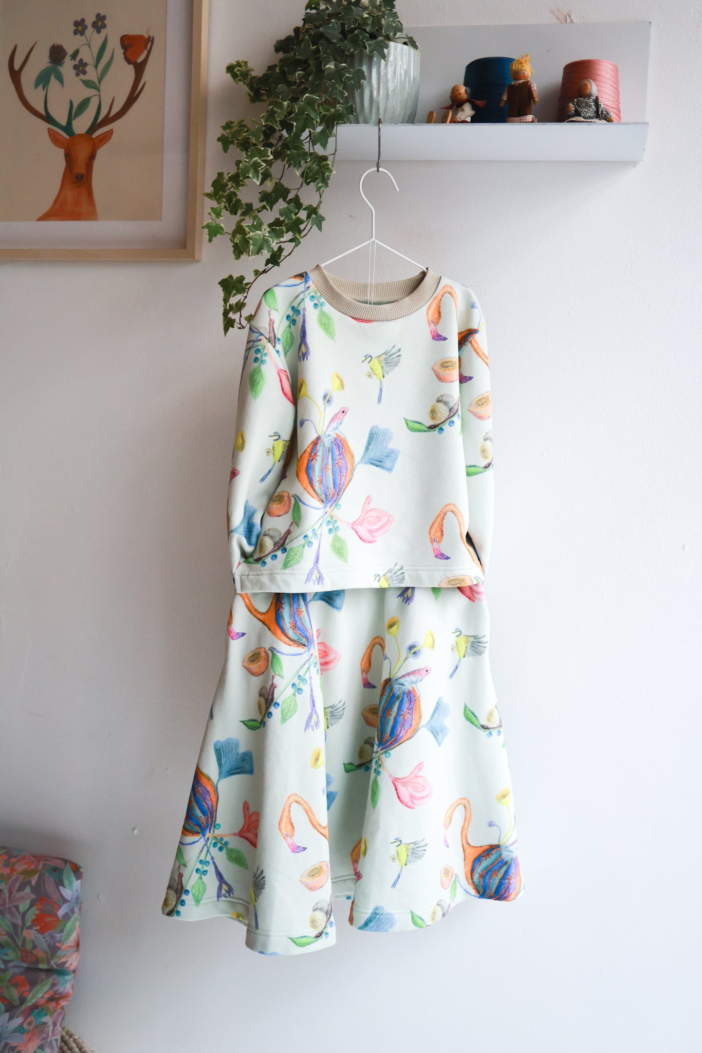Kids organic cotton sweat flared skirt and sweatshirt.