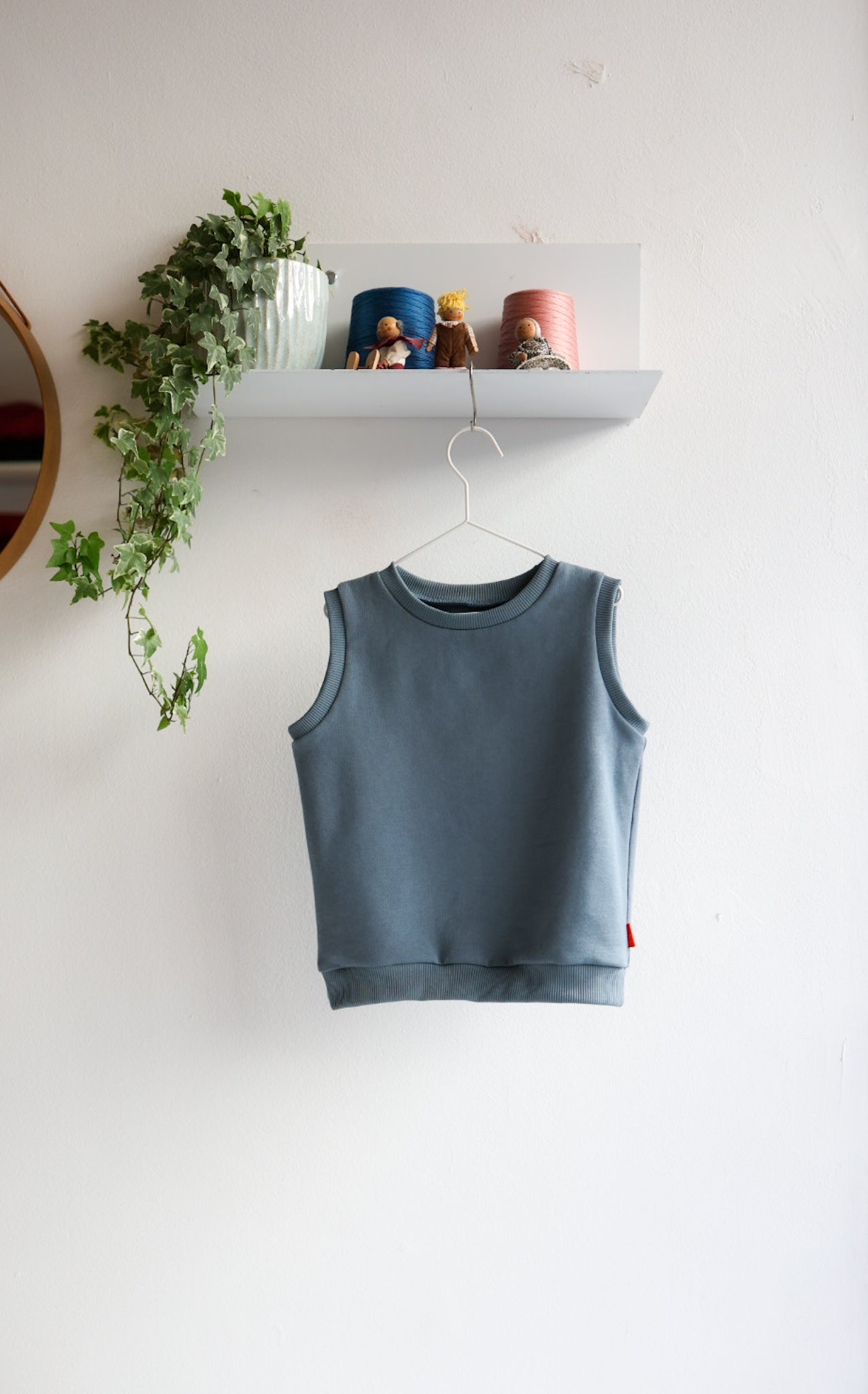 Blue kids sleeveless top hanging on a white wall with a shelf and plants in the background.