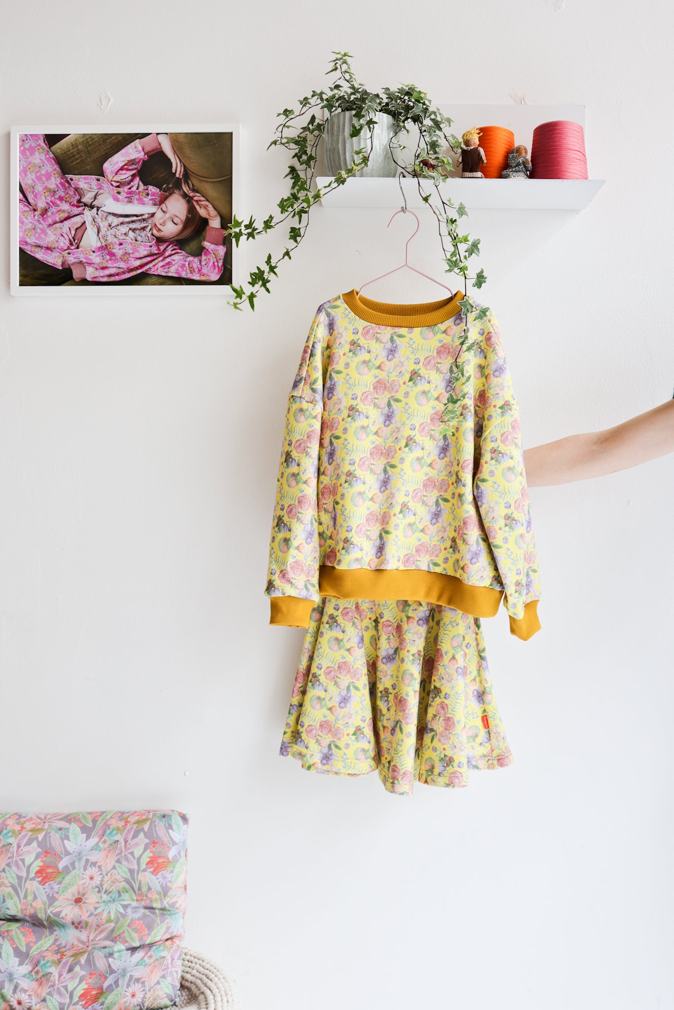Kids organic cotton oversized sweatshirt and flared skirt.