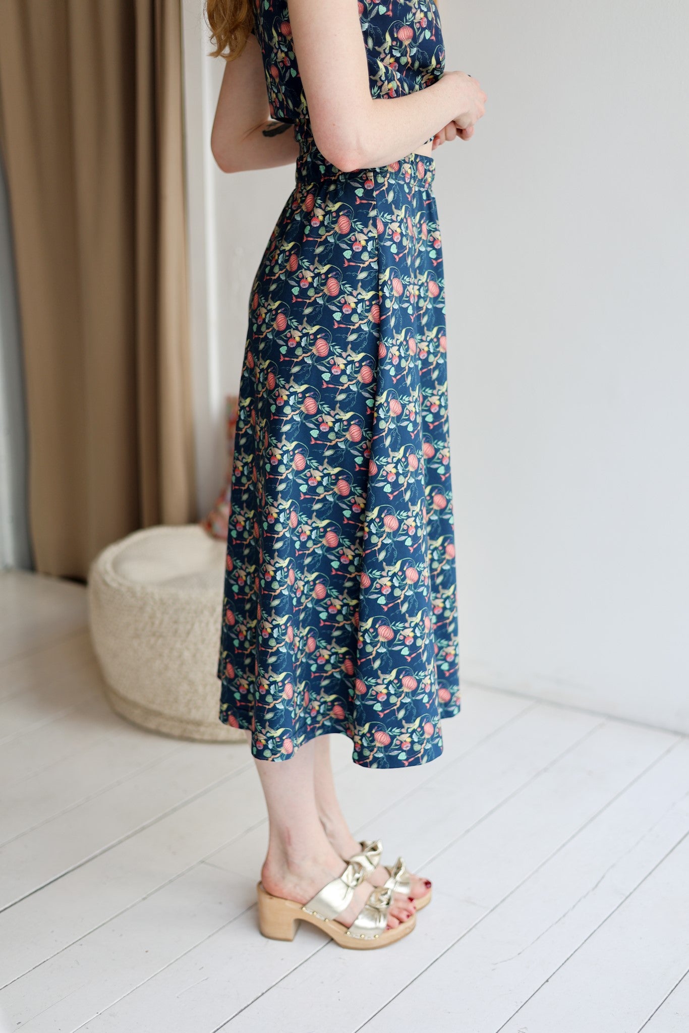 Women Organic Jersey Flared Long Skirt | floral medusa | navy aesthete-(kids)wear Women Organic Jersey Flared Long Skirt | floral medusa | navy aesthete-(kids)wear