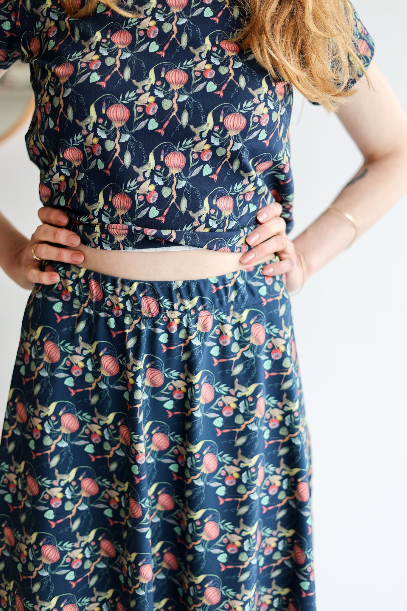 Women Organic Jersey Flared Long Skirt | floral medusa | navy aesthete-(kids)wear Women Organic Jersey Flared Long Skirt | floral medusa | navy aesthete-(kids)wear