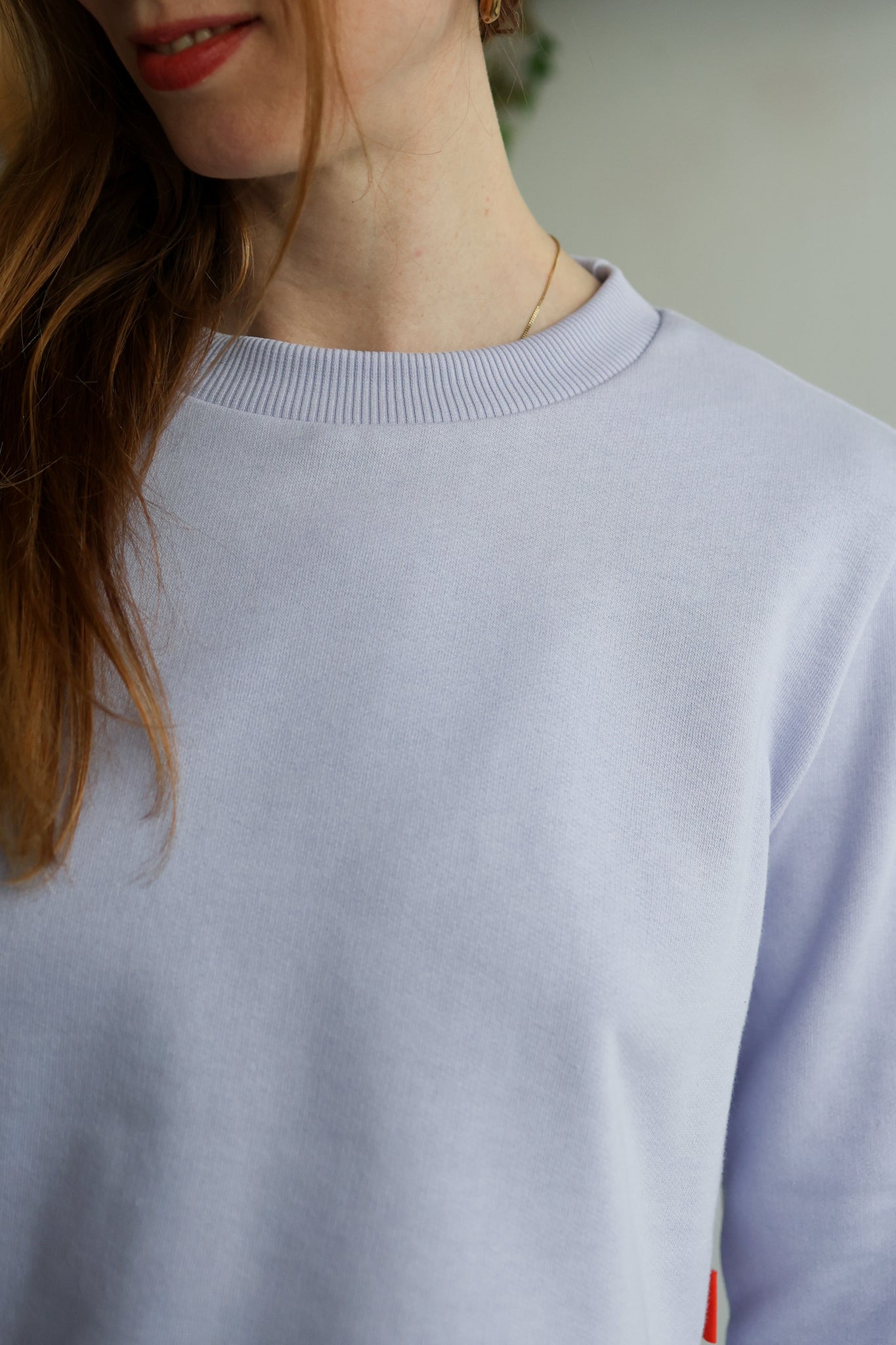 Light gray sweatshirt worn by a person with a neutral background