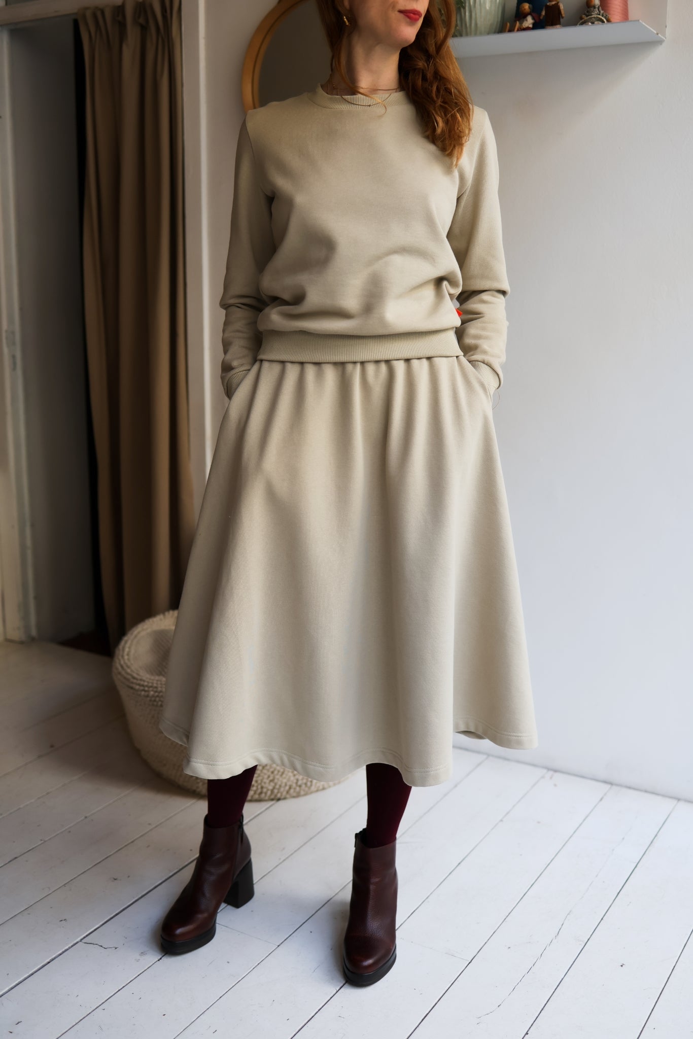 Women organic cotton sweat flared long skirt.