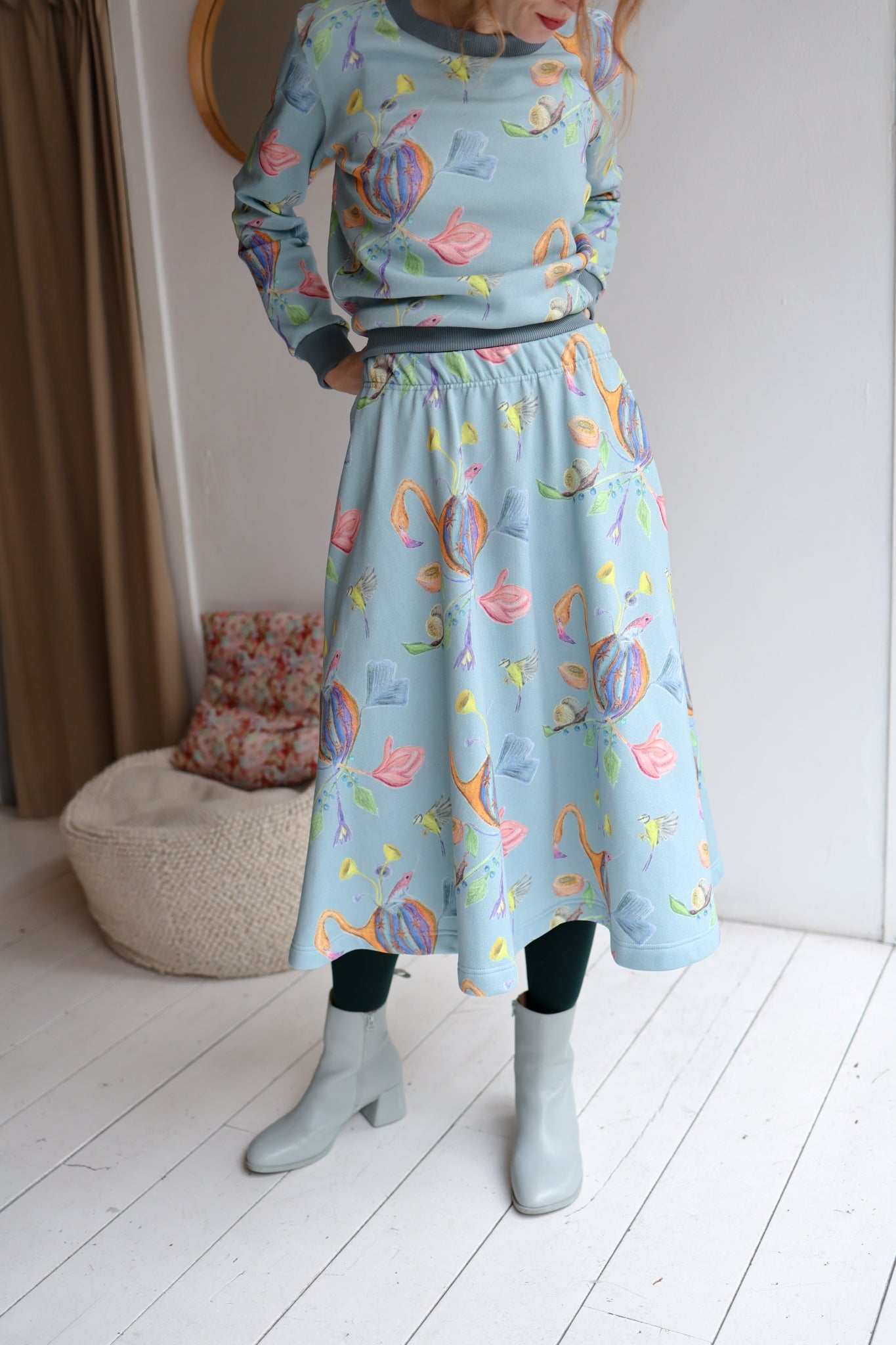 Women organic cotton sweat flared long skirt.