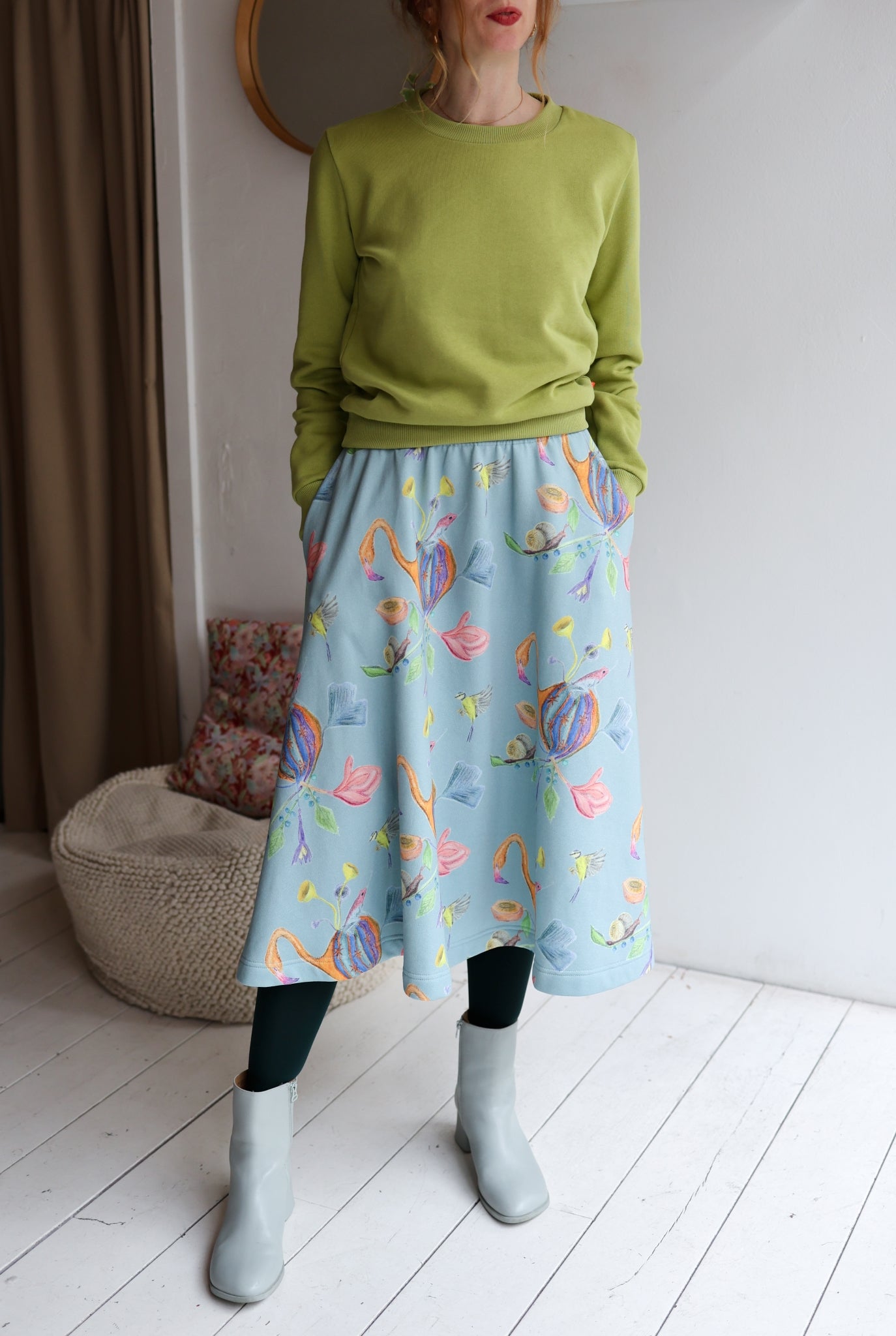 Women organic cotton sweat flared long skirt.