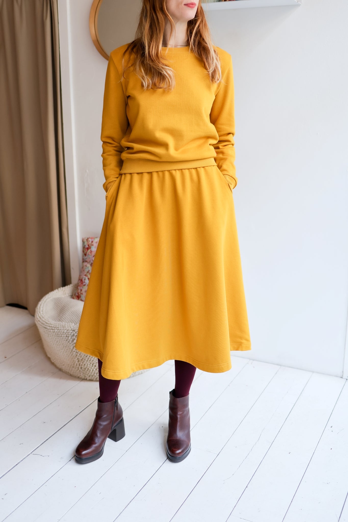 Women organic cotton sweat flared long skirt.